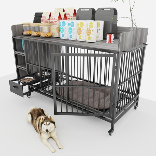 English Elm Large Iron Mdf Pet Enclosure with Storage Cabinet Rolling Casters and Steel Feeding Basins W3064P245385