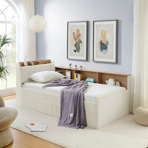 English Elm Twin Size Velvet Day Bed With Storage Drawers, Wireless Charging & Led Lights - Elegant & Functional W1413S00109-GIGA