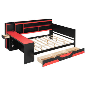 English Elm Queen Gaming Bed Frame with Desk Led Lighting Storage Drawers and Bookcase Headboard Black+Red LP000290AAJ