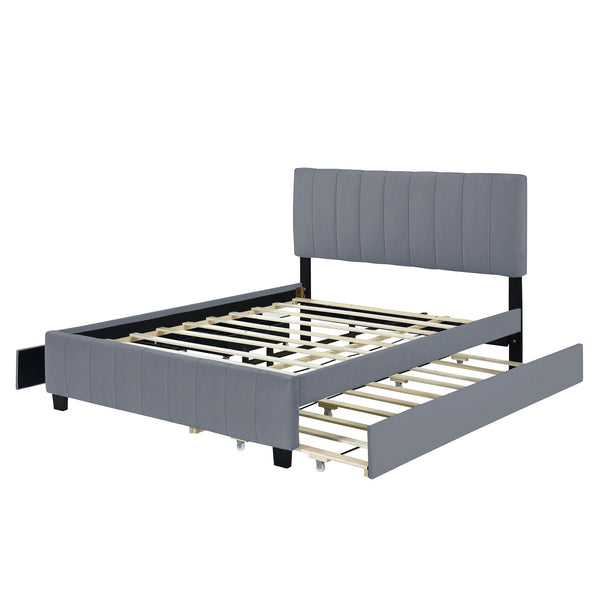 English Elm Queen Tufted Velvet Platform Bed with Storage Drawers and Pull Out Trundle Gray LP000714AAE-1