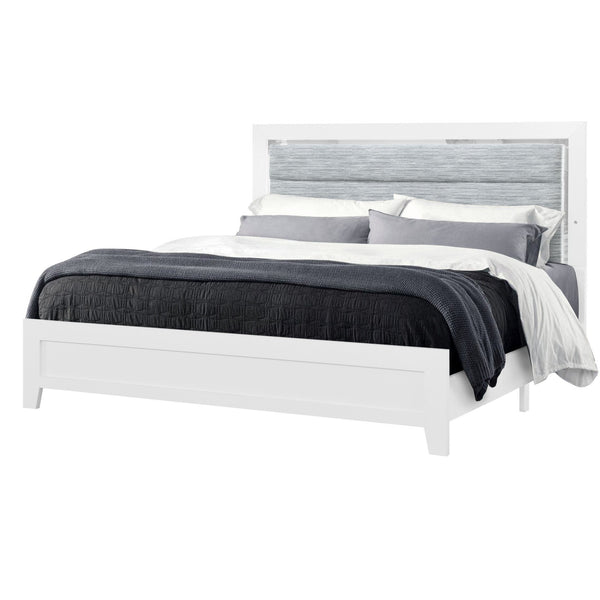English Elm OMODA Modern Full Bed with LED Accent Lighting, Solid Wood+MDF Frame, Upholstered Headboard Mirror Trim White 66.54 L x 32.48 W x 8.07 H B201P226207