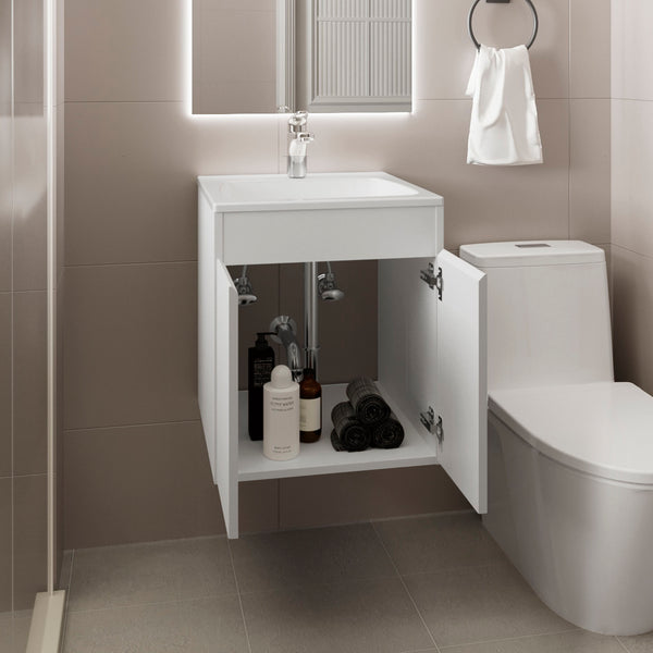 English Elm Bathroom Vanity Meka 45 Wall-Mounted White MDF with Two Drawers & Open Shelf for Compact Baths B070P316859