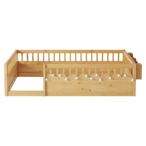 English Elm Twin Montessori Floor Bed Frame with High Rails and Built-In Light Shelf for Safe Independent Sleep Natural 79.13 L x 13 W x 6.3 H W2593P333571
