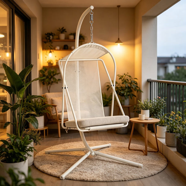 English Elm Hanging Egg Chair with Freestanding Steel Stand Rattan Cocoon Seat for Patio Balcony White+Gray T5880P494888