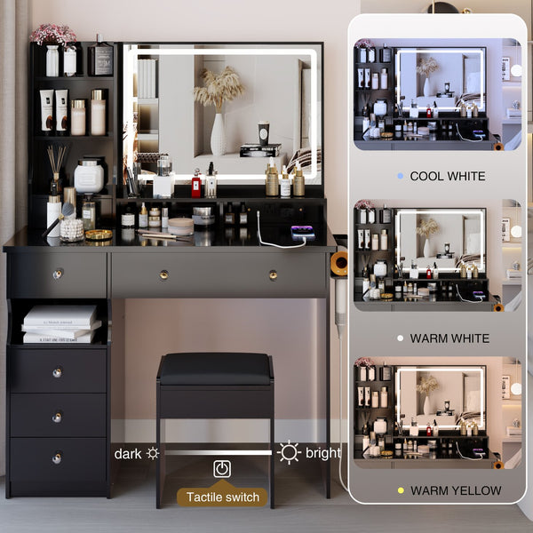 English Elm 41" Large Vanity Table Set With Cushioned Stool, Led Mirror, Power Station, And Stylish Design Features W936P230829