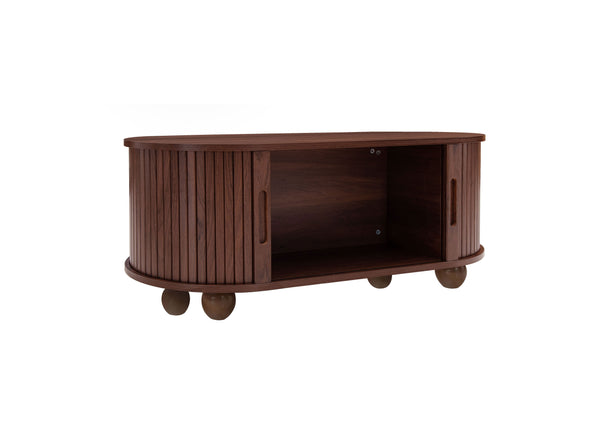 English Elm Coffee Table with Sliding Door Storage Dark Walnut Low Profile Modern Living Room W688P339193