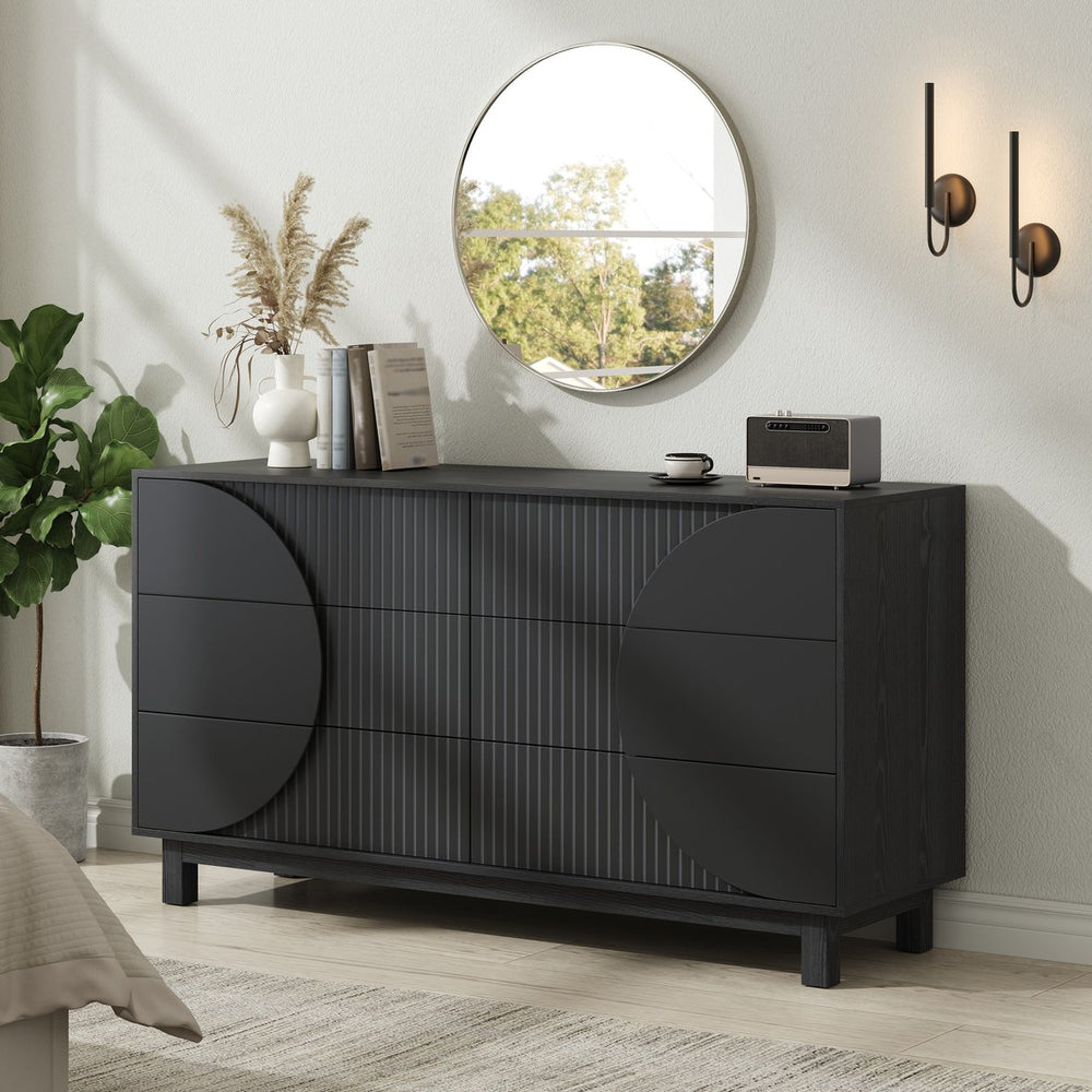 English Elm Modern Fluted 6 Drawer Dresser with Solid Wood Legs Japandi Chest for Bedroom Carbon Black N739S0000015E