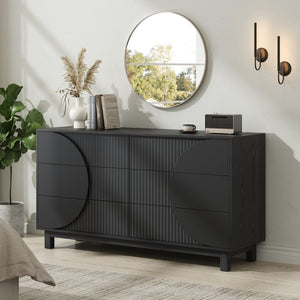 English Elm Modern Fluted 6 Drawer Dresser with Solid Wood Legs Japandi Chest for Bedroom Carbon Black N739S0000015E