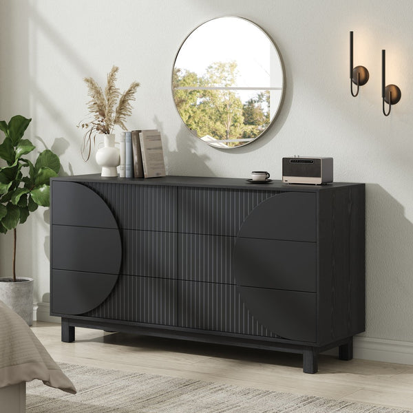 English Elm Modern Fluted 6 Drawer Dresser with Solid Wood Legs Japandi Chest for Bedroom Carbon Black N739S0000015E
