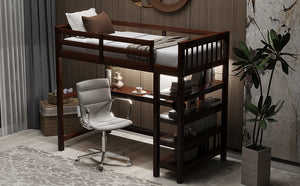 English Elm Twin Pine Loft Bed with Built-in Desk Open Shelves and Led Ambient Lighting Espresso GX000245AAP