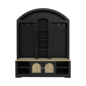 English Elm Multi-functional Hall Tree with Mdf Body Open Shelves Hooks and Scandinavian Two-tone Style Black+Natural SJ000158AAB