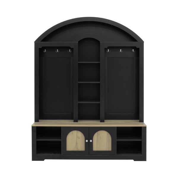 English Elm Multi-functional Hall Tree with Mdf Body Open Shelves Hooks and Scandinavian Two-tone Style Black+Natural SJ000158AAB