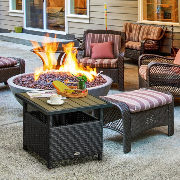 English Elm Outsunny 22" Rattan Wicker Side Table With Steel Frame, Umbrella Hole & Sandbags For Stability Outdoors W2225P200692-GIGA