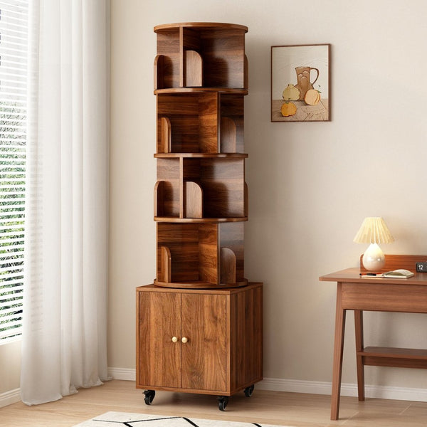 English Elm Rotating 360° Corner Bookshelf - 5-Tier Compact Storage Rack With Drawer For Small Spaces, Walnut W2641P329220-GIGA