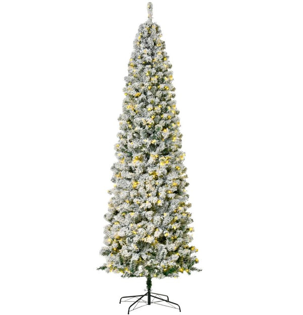 English Elm Artificial Snow Flocked Pencil Tree 9 Ft Tall with 550 Warm White Led Lights T3971P415478