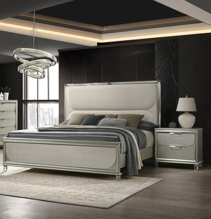 English Elm Glamorous Luxury Fabric Upholstered Queen Bed with LED Headboard, Embossed Panels & 2 Nightstands Set Silver 33 L x 21 W x 28 H B2741S00359