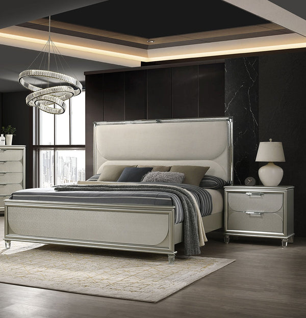 English Elm Glamorous Luxury Fabric Upholstered Queen Bed with LED Headboard, Embossed Panels & 2 Nightstands Set Silver 33 L x 21 W x 28 H B2741S00359