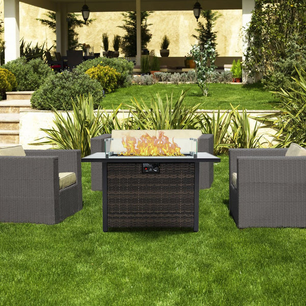 English Elm Outdoor Fire Pit 50,000 BTU Propane Gas Fire Table with Wicker Base, Glass Wind Guard, Lid, Patio Warmer Black+Brown W213P266078