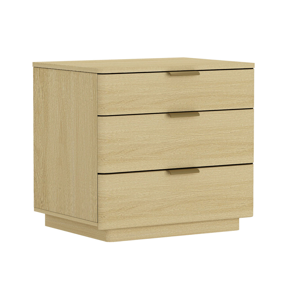 English Elm Payton 26" Nightstand Natural Oak with 3 Drawers, Rounded Corners, Metal Glam Handles, Pedestal Base B365P398195