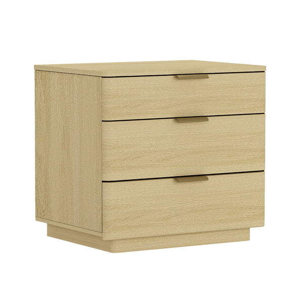 English Elm Payton 26" Nightstand Natural Oak with 3 Drawers, Rounded Corners, Metal Glam Handles, Pedestal Base B365P398195