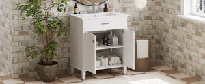 English Elm 30-inch bathroom vanity with ceramic basin, solid wood frame, soft-close doors and adjustable shelves for organized style and lasting durability White N729P173380K