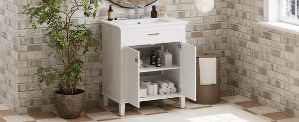 English Elm 30-inch bathroom vanity with ceramic basin, solid wood frame, soft-close doors and adjustable shelves for organized style and lasting durability White N729P173380K