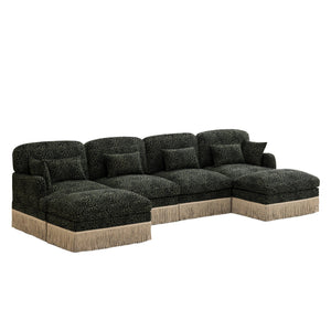 English Elm 131"comfy Chenille Leopard Print U-shaped Sectional with Tassel Trim and Modular Ottomans Green W5656S00036