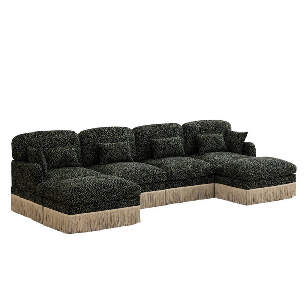English Elm 131"comfy Chenille Leopard Print U-shaped Sectional with Tassel Trim and Modular Ottomans Green W5656S00036