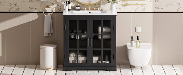 English Elm Christopher Knight Home® - 30" Modern Bathroom Vanity with Ceramic Sink, Tempered Blurred Glass Doors, Rubber Wood Frame Storage Matte Black N817P279904B