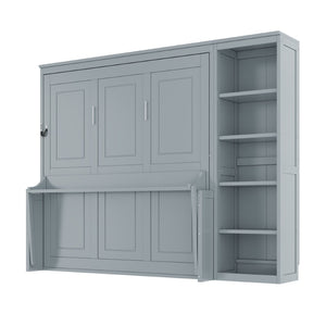 English Elm Queen Size Murphy Bed With Integrated Desk & Bookshelf – Stylish Gray Space-Saving Solution! N7090004016E-GIGA