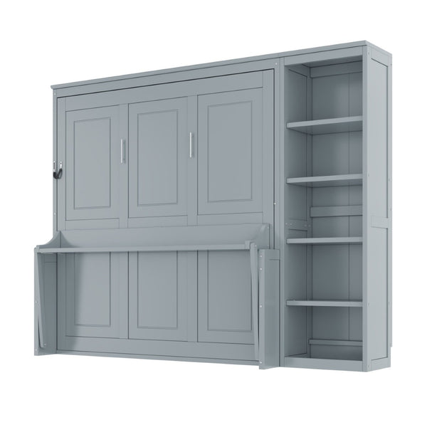 English Elm Queen Size Murphy Bed With Integrated Desk & Bookshelf – Stylish Gray Space-Saving Solution! N7090004016E-GIGA