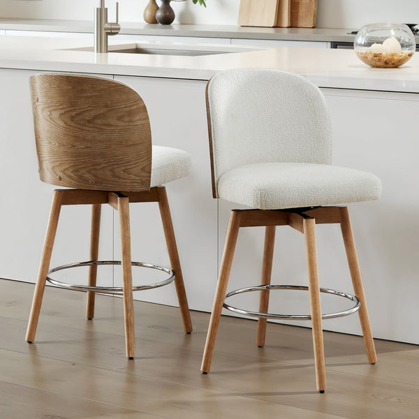 English Elm Jennifer Taylor Home - Tomlin Bentwood Swivel Counter Stools Set of 2 Off-White Bouclé — 360° Swivel, Padded Seats, Chrome Footrest, Solid Wood Legs B2719P328583
