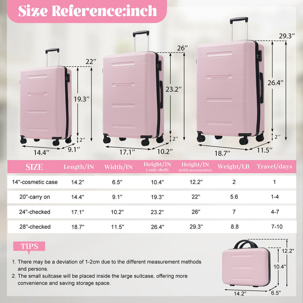 English Elm 6 Piece Hardshell Abs Travel Set with Spinner Wheels Combination Lock and Toiletry Bag Pink N732P391465H