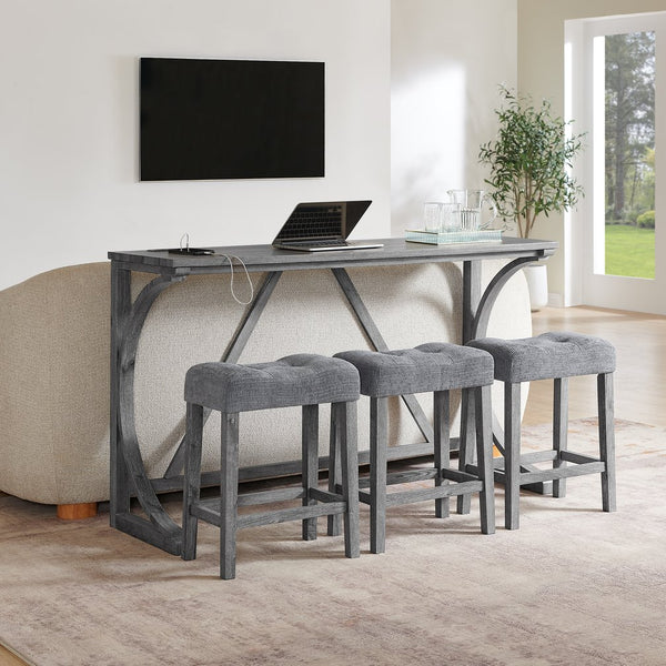 English Elm 59 Inch Bar Table Set with Power Outlet Rubberwood Frame and 3 Linen Stools Grey W2972P385254