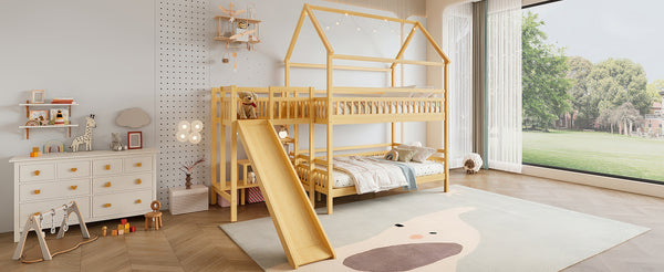 English Elm Full Bunk Bed with Trundle Bookshelf Storage Pine Frame Car Design for Kids Natural W1580S00303