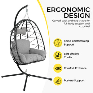 English Elm Hanging Egg Chair Pe Wicker Swing Seat with Stand Cushion for Patio or Bedroom T5880P497554