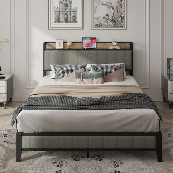 English Elm Queen Upholstered Bed Frame with USB & Outlets, Metal Platform, Vintage Shelf, 10.4" Storage Clearance W1960P162712
