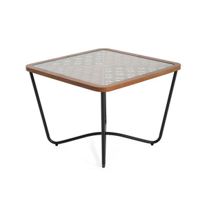 English Elm Modern Square Glass Top Coffee Table with Geometric Pattern and Black Metal Frame N770P197539B