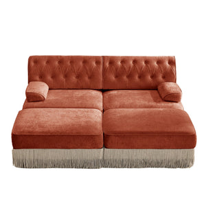 English Elm With Tufted Velvet Sectional Sofa Two Ottomans Tassel Skirt French Chesterfield Living Room Red+Brown W714S01746