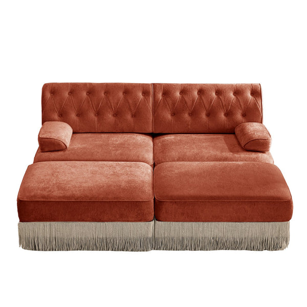 English Elm With Tufted Velvet Sectional Sofa Two Ottomans Tassel Skirt French Chesterfield Living Room Red+Brown W714S01746