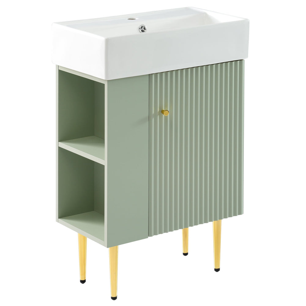 English Elm 21.6" Green Bathroom Vanity with Ceramic Sink, Left Side Storage, Gold Legs, Soft-Close, Modern Finish SV000007AAF