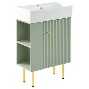 English Elm 21.6" Green Bathroom Vanity with Ceramic Sink, Left Side Storage, Gold Legs, Soft-Close, Modern Finish SV000007AAF