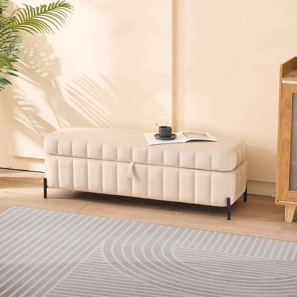 English Elm 49.21" Wide Velvet Upholstered Storage Bench with Lift Top and Slim Metal Legs Beige W3118P272642