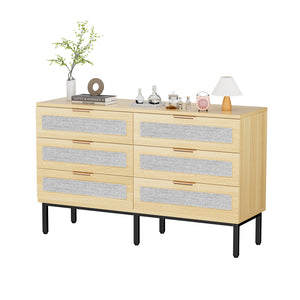 English Elm 6 Drawer Oak Dresser with Linen Fronts and Metal Legs for Modern Bedroom Storage T3773P422847