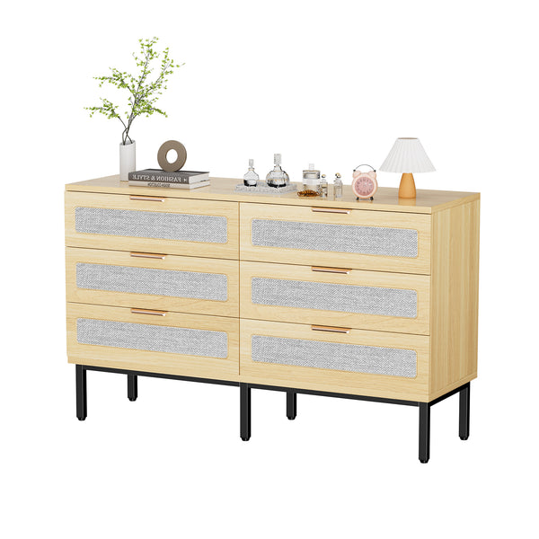 English Elm 6 Drawer Oak Dresser with Linen Fronts and Metal Legs for Modern Bedroom Storage T3773P422847