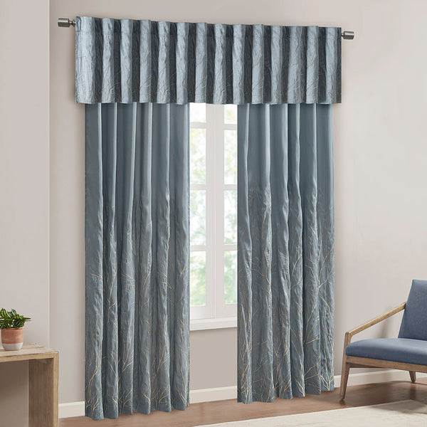 JLA Home Madison Park - Faux Embroidered Tree Branch Window Valance in Lustrous Silk-Look Fabric with Lined Privacy Drapery Blue MP41-4571