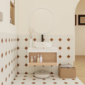 English Elm 24" Floating Bathroom Vanity White Oak Open Shelf Ceramic Vessel Sink Modern Bath W3450S00053