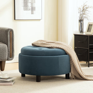 English Elm 29.33"w Fleece Tufted Round Storage Ottoman Reversible Lid Footstool for Living Room Blue W3189P422398