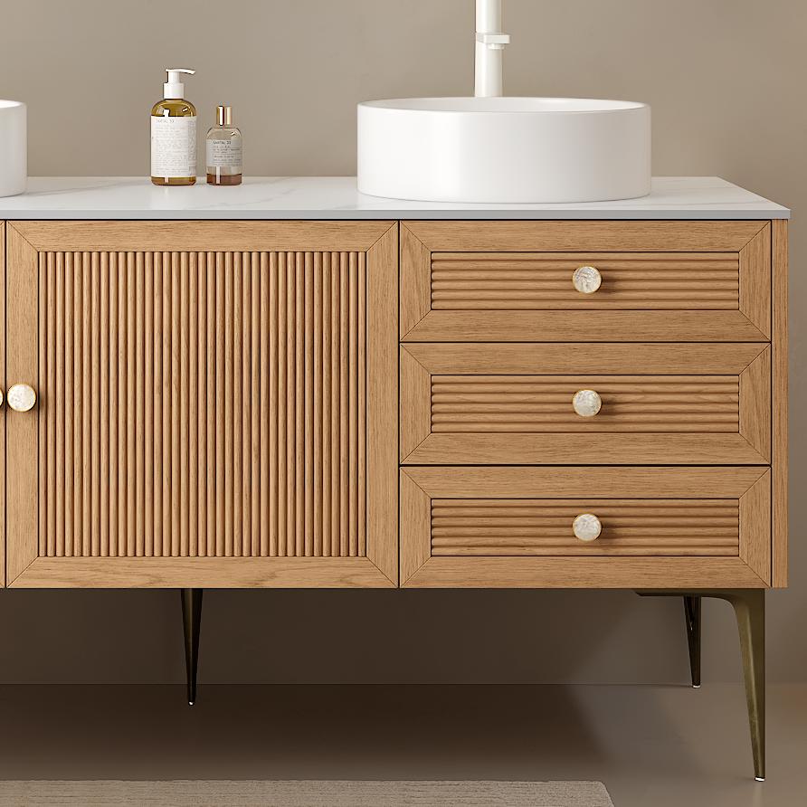 English Elm MUNIN 60" Freestanding Bathroom Cabinet with Carrara Sintered Top, 2 Drawers 3 Doors, Light Oak Finish W2615P200035