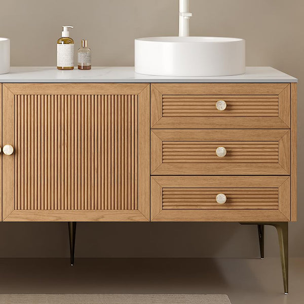 English Elm MUNIN 60" Freestanding Bathroom Cabinet with Carrara Sintered Top, 2 Drawers 3 Doors, Light Oak Finish W2615P200035